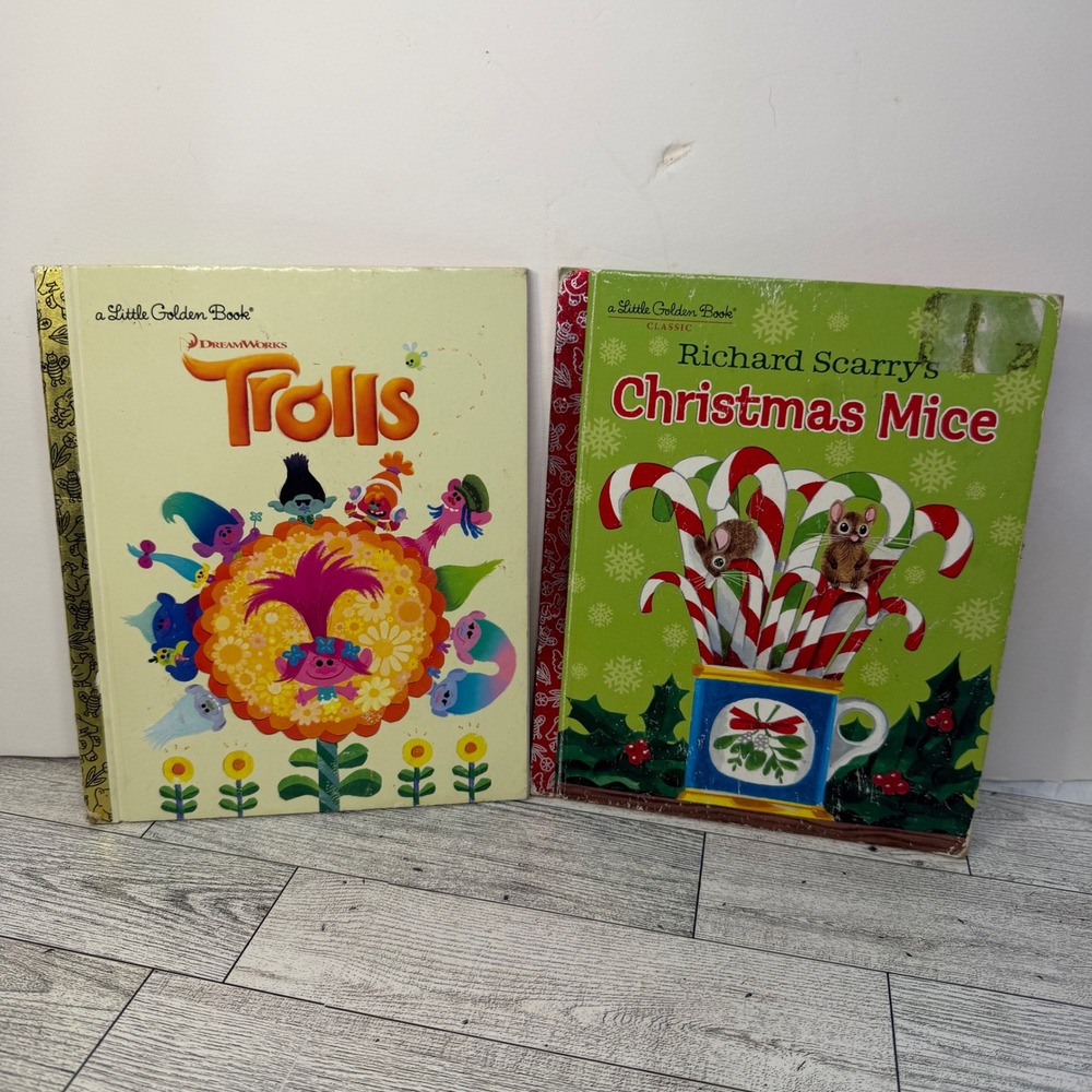 Lot of 2 Little Golden Books DreamWorks Trolls & Richard Scarry Christmas Mice